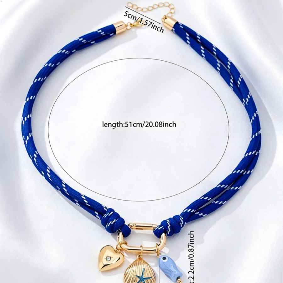 Fresh Summer Blue Braided Cord Choker Necklace Women Ocean Resin Enamel Starfish Seahorse Pendant Beach Vacation Fashion Jewelry 260626 - view 5
