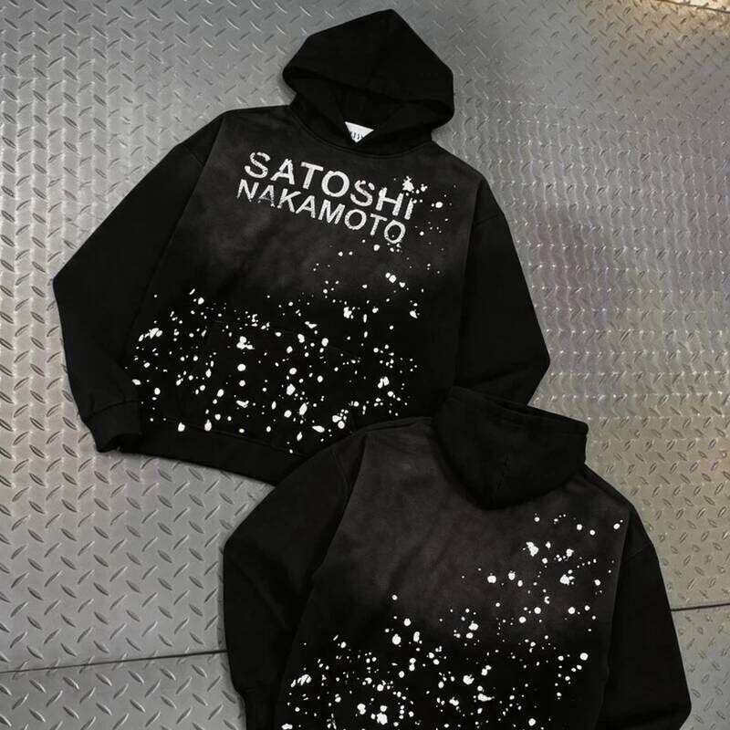 American High Street SATOSHI Hoodie Ink-sprayed Classic Retro Letter Print Washed Pullover Vintage Y2K Men Women Sweatshirts W260626