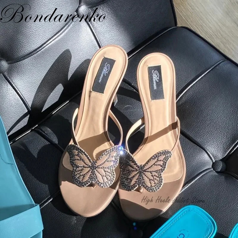 Pink Crystal Butterfly Flip Flop Sandals Women Stiletto High Heels Slipper Summer Party Beach Dress Shoes Mules 260626 - view 6