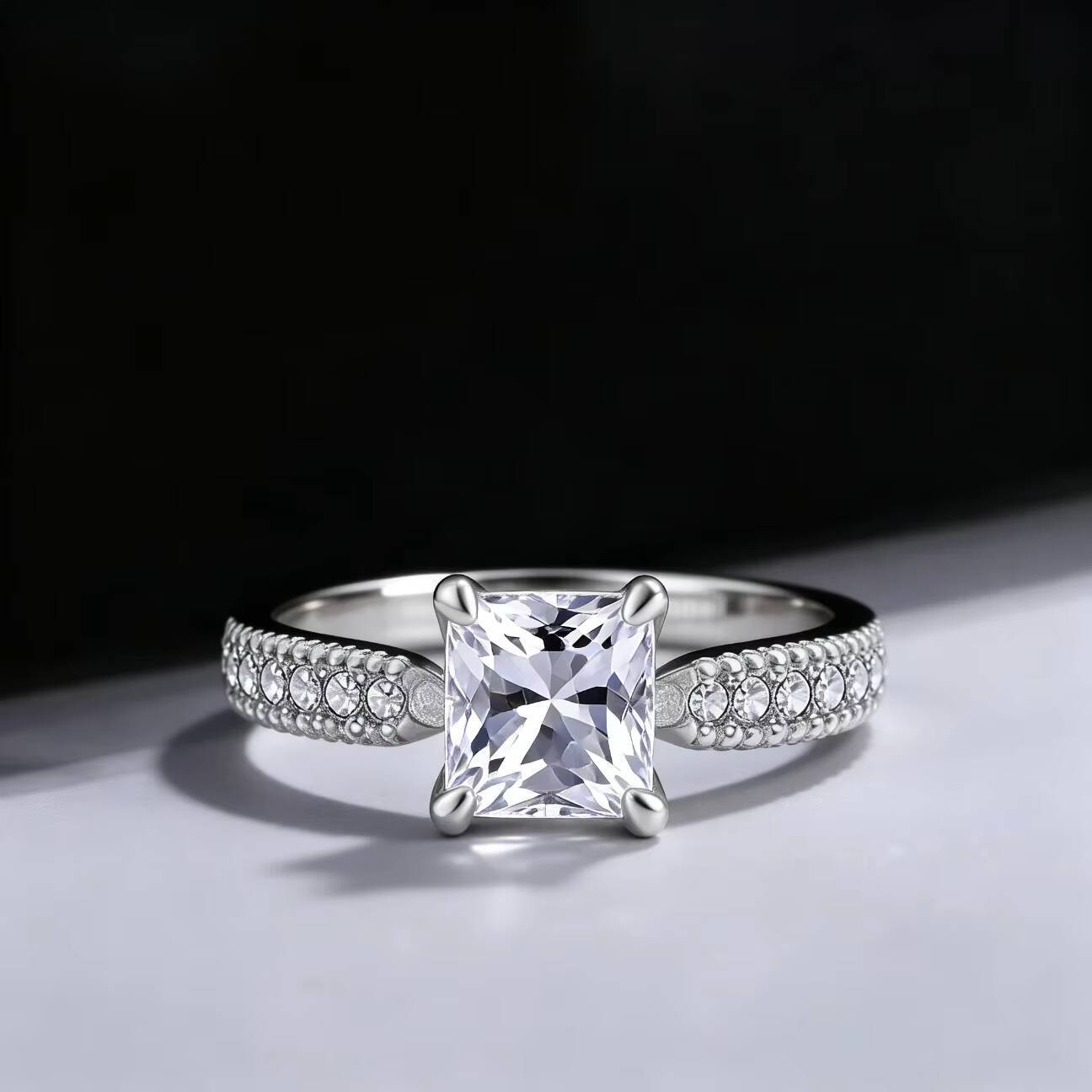 QX Classic Luxury Real Solid 925 Sterling Silver Black Rhodium Plated Flower Design Prong Set 10Ct Moissanite Wedding Ring - view 3