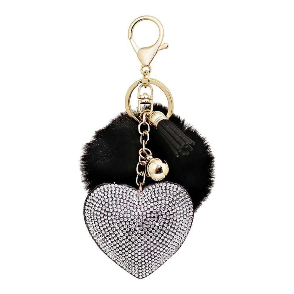 Fashion Fluffy Plush Ball Faux Fur Pompom Rhinestone Heart Bag Pendant Solid Color Key Ring Alloy Furball Keychain 26Y0626 - view 4