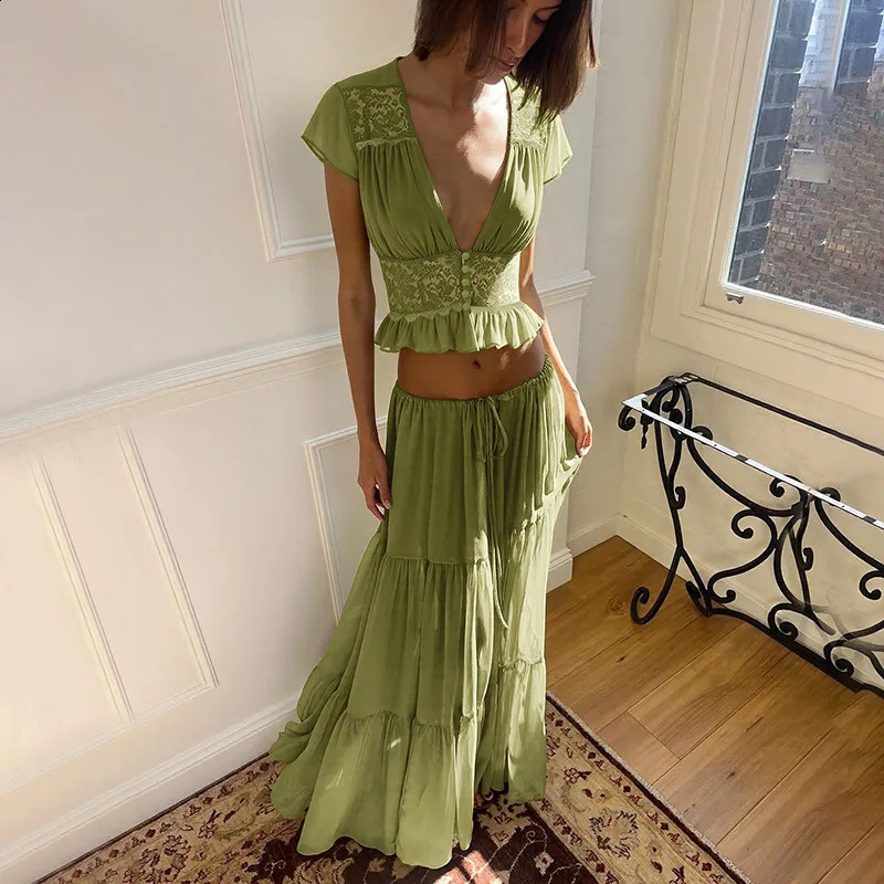Cryptographic Womens Boho 2 Piece Outfits Green Chiffon Lace Patchwork Crop Top Maxi Skirt Sets Casual Lazy Beach Vacation 260625 - view 6