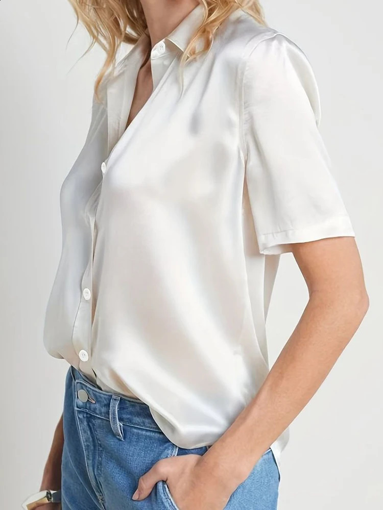 Zadily 2026 Summer Elegant Women Silk Satin Blouse Short Sleeve Button Down Collared Shirt Casual Office Lady White Tops 260626 - view 3