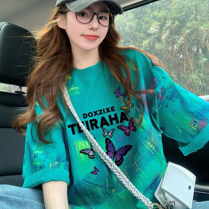 Women's Avocado Green Graphic T-Shirt, 100% Cotton - Butterfly Petal Sleeve Top with Butterfly Print, Casual Short Sleeve Shirt for Daily Outfits and  - view 5