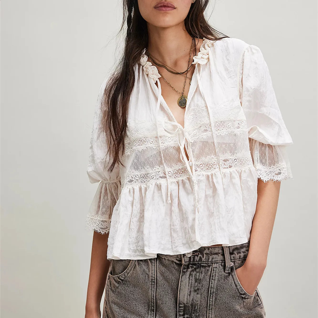 Womens Half Sleeve Loose Shirt Sheer Lace Patchwork Tie-up Bow Peplum Tops for Summer Embroidered Eyelet Peasant Blouses 260626 - view 3