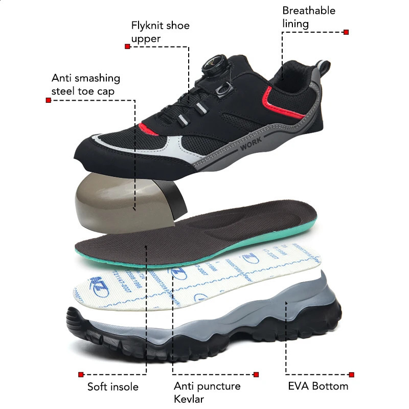 Mens Work Shoes Steel Toe Safety Boots Antismash Black Lightweight Breathable Sneakers Rotary Button 260624 - view 5