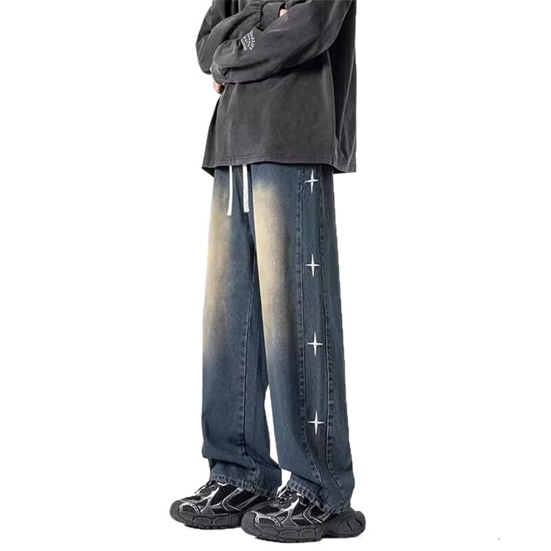Exclusive Men's Pants Star-Embroidered Jeans, American Hip-Hop Style, Summer Thin Loose Straight-Leg Trousers Embroidered Jeans Straight Leg Pant - view 6