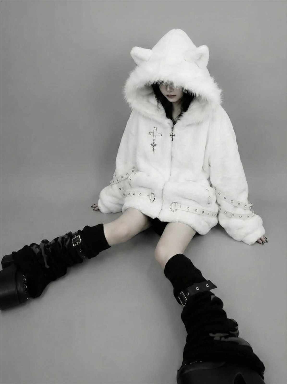 Vintage Punk Style Hoodie Long Sleeve Faux Fur Women Casual Zipper Hooded Gothic Y2K Subculture Harajuku Sweatshirts Autumn 260626 - view 6