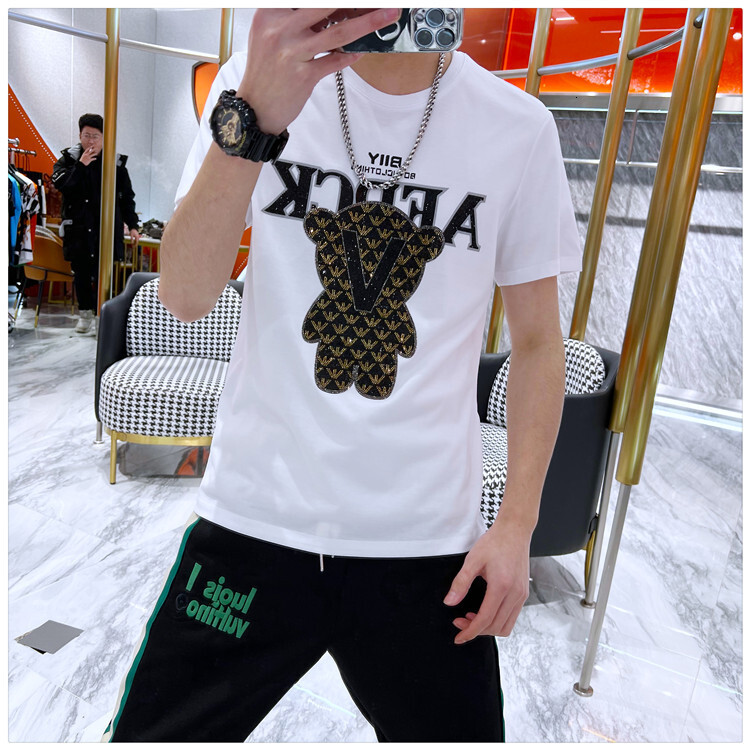 Summer New Round Neck Short Sleeve Slim Fit Bear Embellished Fashionable Men's T-Shirt - view 5