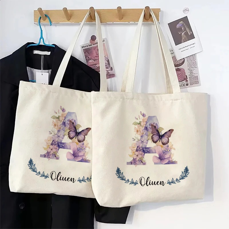 Flower Butterfly Letter Personalized Name Canvas Tote Bag Organizer Romantic Wedding Bridesmaid Party Gift Handbag Shoulder Bags 260625 - view 5