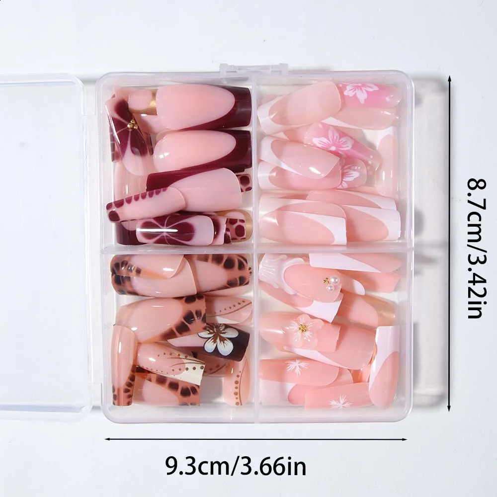 96Pcs4Mixed3D Three-Dimensional Gelnail Makes Flower Nails With Faux Pearl Decorate n Square French Tip Press On Nails Lo 260626 - view 4