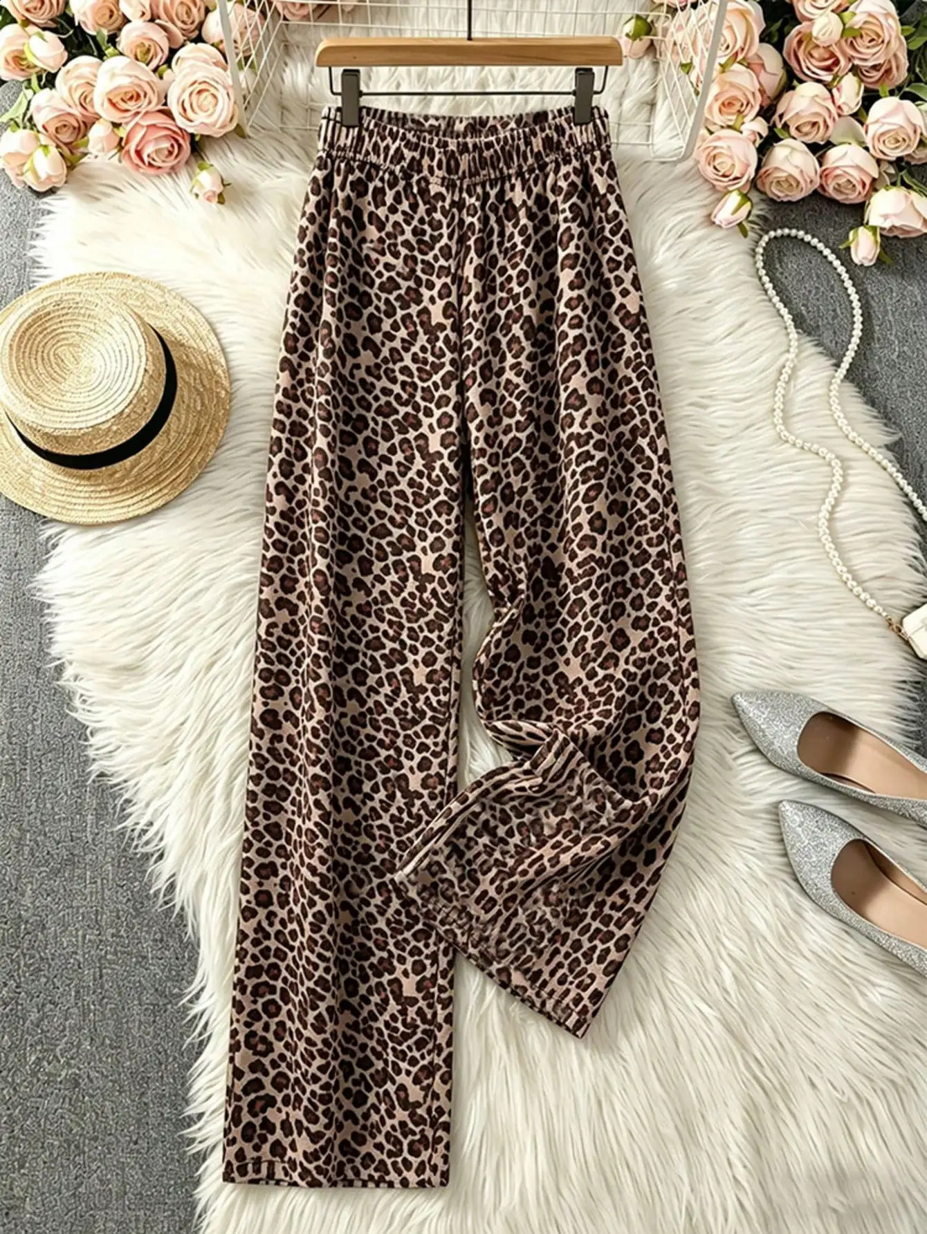 Women Retro Leopard Print Wide Leg Pants Soft Naked Feeling Casual Trousers For Home Sleep Travel Beach Vacation Outfit Clothes 260625