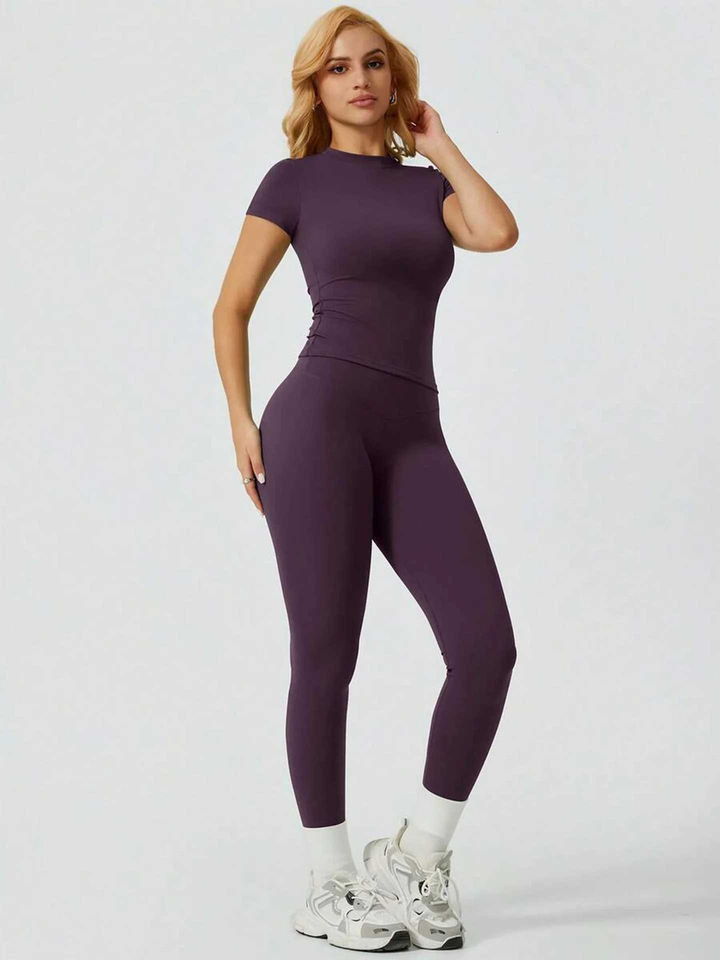 Piece Yoga Set Women 2 Short Sleeve Top High Waist Leggings Gym Workout Clothing Tummy Control Fitness Sportswear Activewear Sui M260626 - view 3