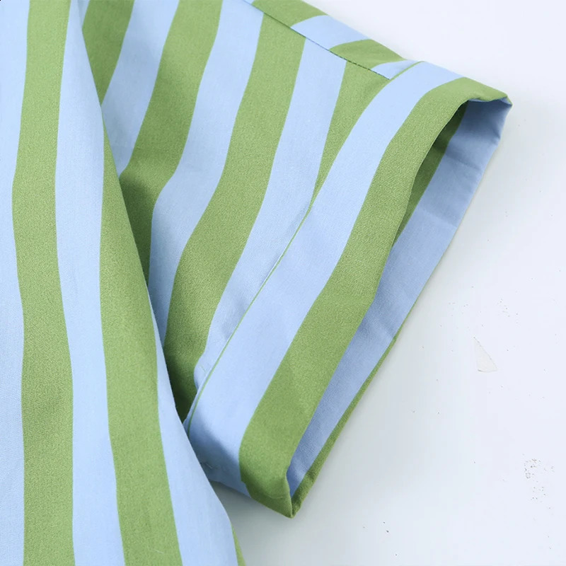 Willshela Women Fashion Green Striped Single Breasted Blouse Vintage Lapel Neck Short Sleeves Female Chic Lady Shirts 260626 - view 5