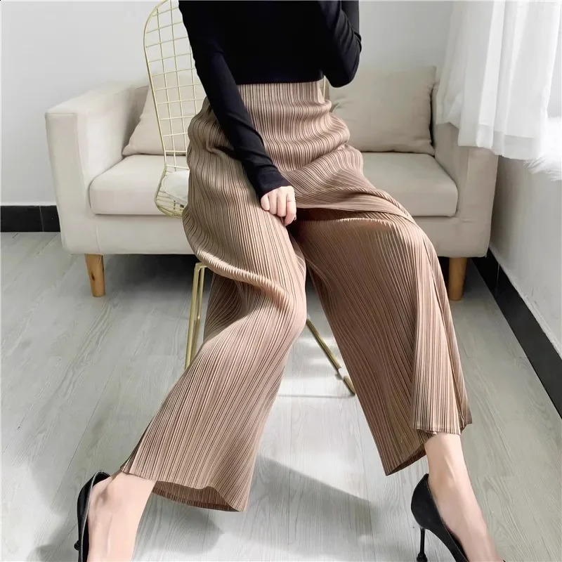 Miyake Style Women Pleated Solid Color Anklelength Pants Elastic Waist Wide Leg Straight Female Trsouser Loose Summer 260625 - view 3