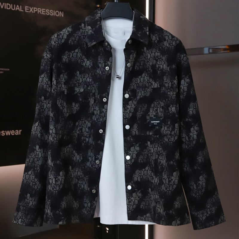 Chinese-Style Men's Jacquard Print Denim-Style Jacket Shirt, Long Sleeve Polyester Outerwear with Shawl Collar and Single-Button Closure for Autumn Me