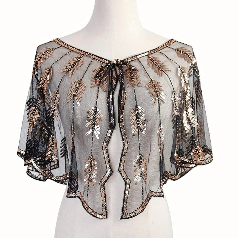Retro 1920s Beaded Sequin Shawl Vintage Flapper Evening Cape Sheer Mesh Embroidery Leaf Women Bolero Party Accessories 260625 - view 6