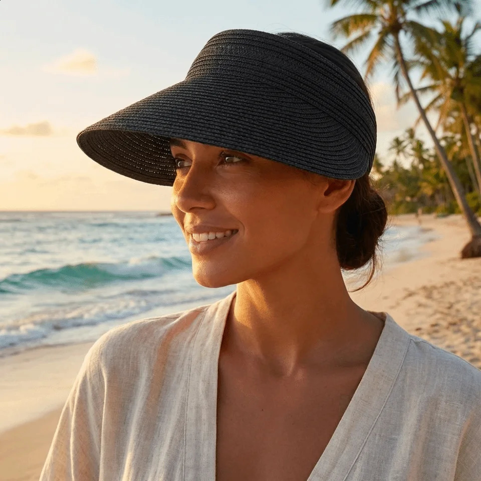 Simple Solid Color Straw Sun Cap Adjustable Foldable Summer Visors Hat Empty Top Hat Breathable Wide Brim Beach Hat Beach 260625 - view 4