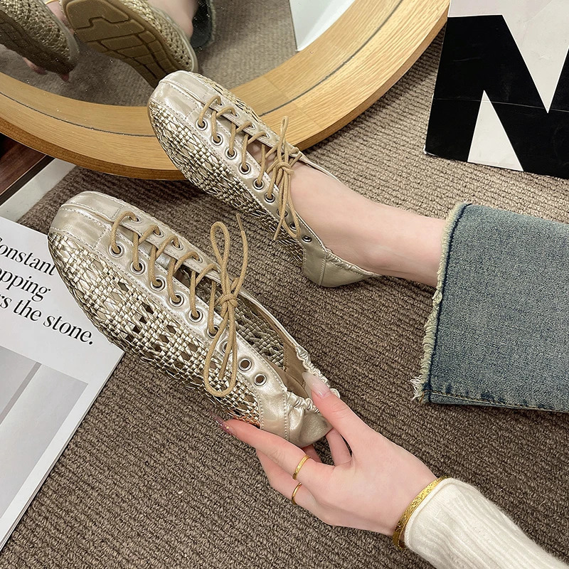 2026 Summer Breathable Hollow Out Weave Women Ballet Flats Fashion Mary Jane Shoes Soft Soles Walking Loafers Casual Girls 260626 - view 3