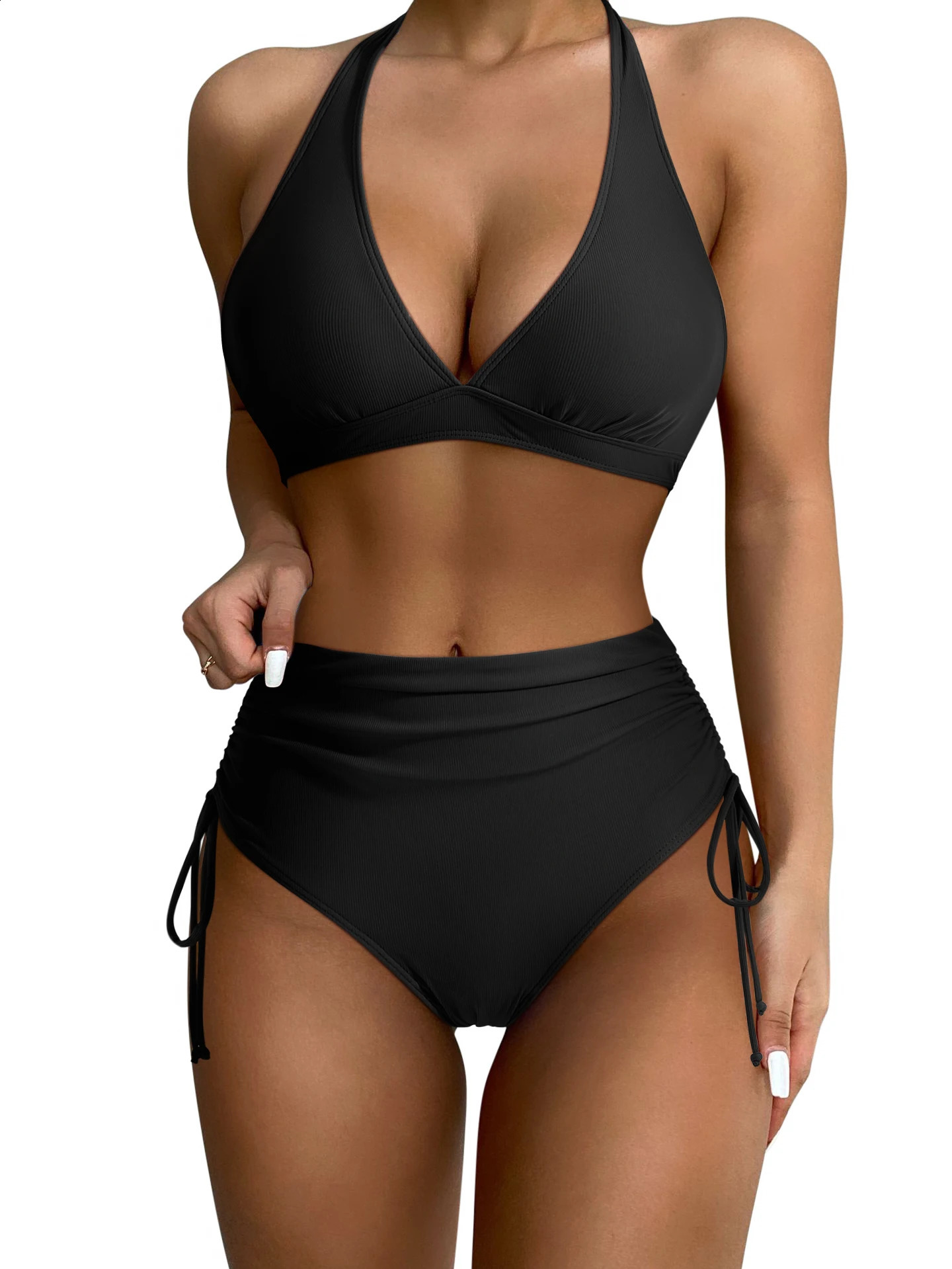 VNeck Split Bikini Set for Women Sexy Swimsuit Lace Up Solid Beachwear Swimwear Push Bathing Suits Female 260625 - view 4