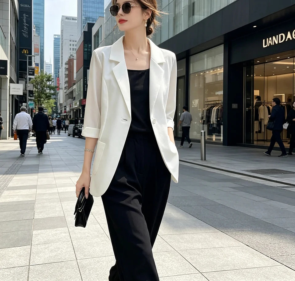 2026Summer Thin White Blazer Women 34 Sleeve Loose Fit Office Suit Jacket Elegant Business Formal Work Coat 260626 - view 5