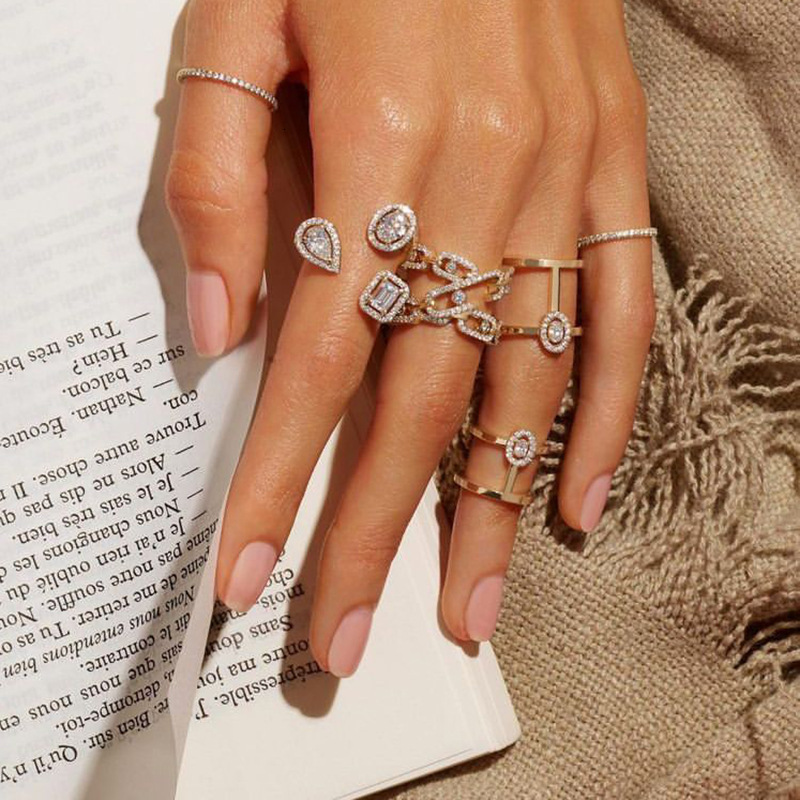 Ring Fashionable And Exquisite Geometric Layered Ring With Adjustable Opening Full Diamond Droplet Shaped Square Ring Accessory Designer Jewlery