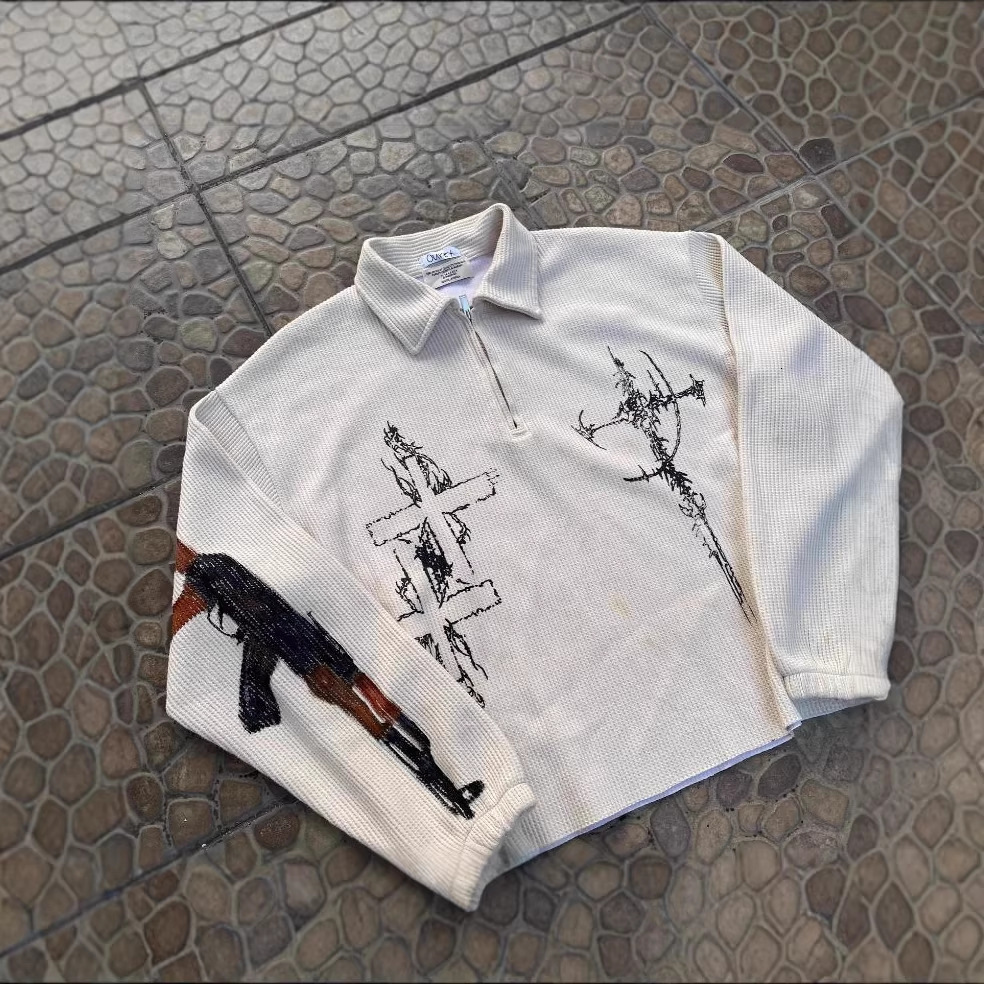 American Street Style Autumn Winter Loose-Fitting Unisex Jacket With Gun And Letter Print Pattern