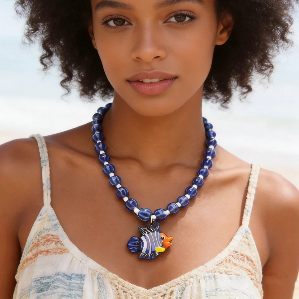 Creative Tropical Clownfish Cactus Pendant Necklace for Women Summer Trendy Round Ceramic Beads Chain Statement Jewelry Gift 260626 - view 1