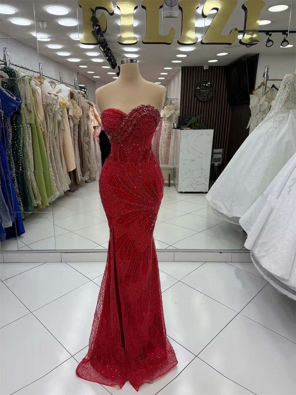 Classic Mermaid Evening Dresses For Women Sweetheart Neck Sleeveless Gown Sequins Beaded Sweep Train Dress Party Customized vestidos de novia - view 3