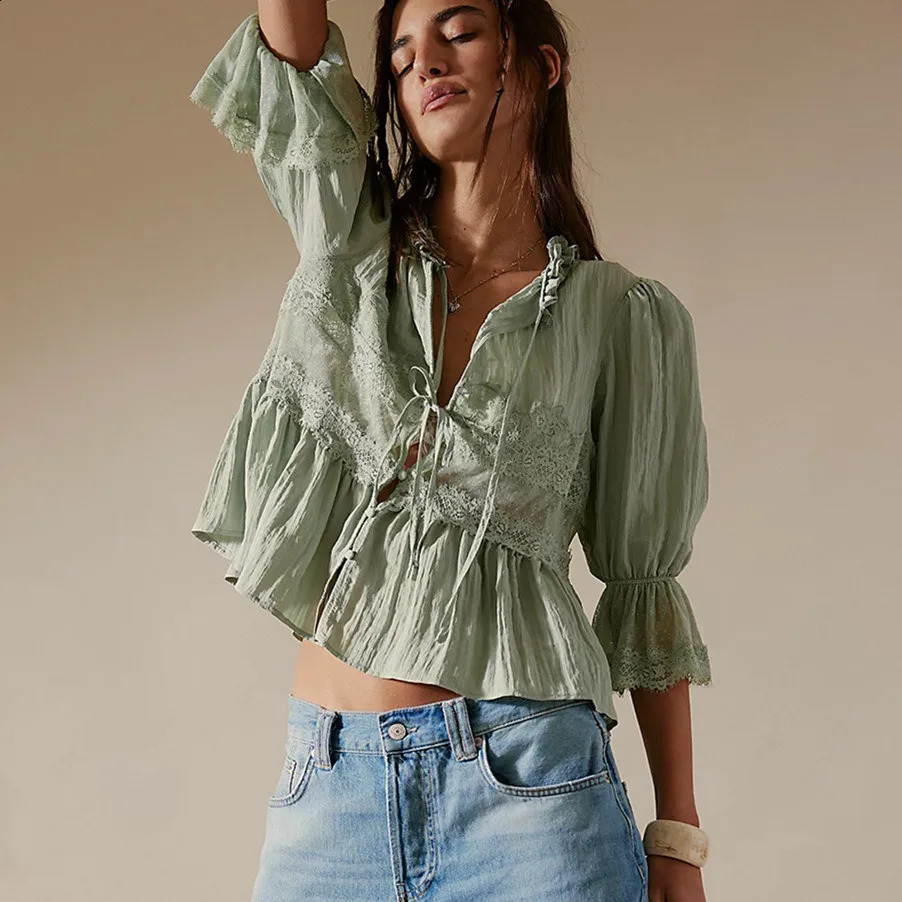 Womens Half Sleeve Loose Shirt Sheer Lace Patchwork Tie-up Bow Peplum Tops for Summer Embroidered Eyelet Peasant Blouses 260626 - view 4