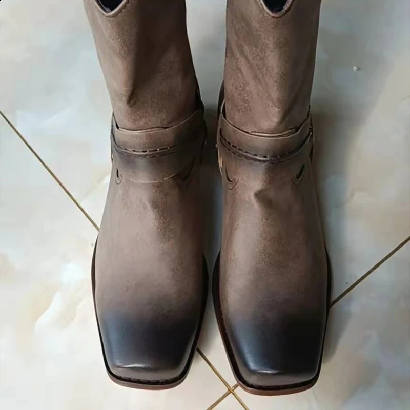 Retro Cowboy Boots Women Men Mid Calf Outdoor Boots Vintage PU Slip on Shoes Winter Gladiator Booties Unisex Brown Long Boots 260626 - view 4