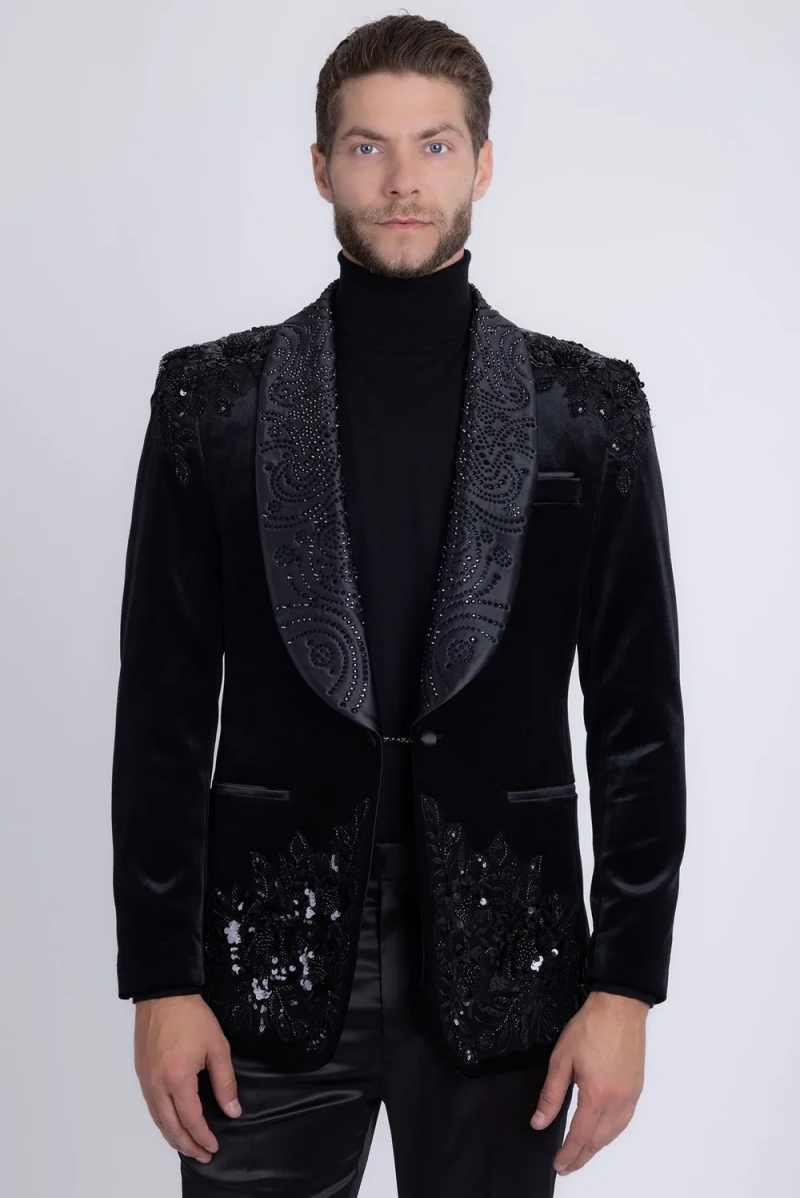 Gentleman Wedding Tuxedos Beaded Shawl Lapel 2 Piece Set Men Suit Fashion Velvet Jacket Pants Groom Evening Prom Blazers Customized - view 3