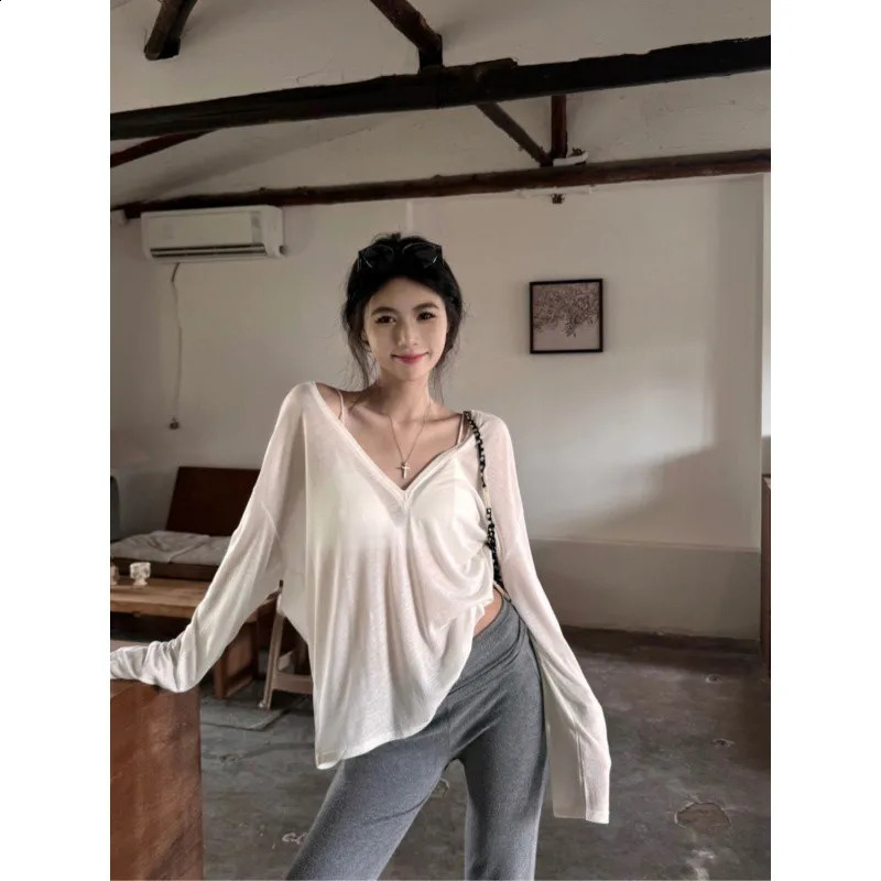 Thin Perspective Long Sleeved Tshirt for Womens Summer Loose Casual Korean Base Sun Protection Cover Up Top Women 260625 - view 6