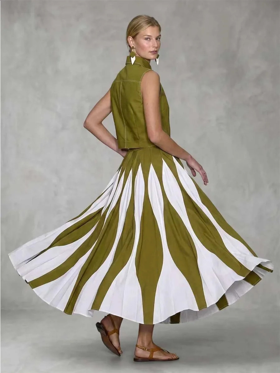 Bonboho 2026 Womens Elegant Skirt Set Sleeveless Shirt Top High Waist Pleated Contrast Color Casual Twopiece 260625 - view 4