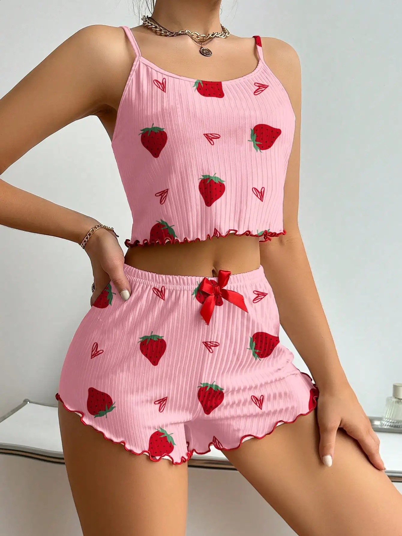 Strawberry Printing Casual Camisole Vest Tops and Shorts 2 Pieces Pajamas Set Womens Summer Sleepwear Loungewear 260625 - view 5