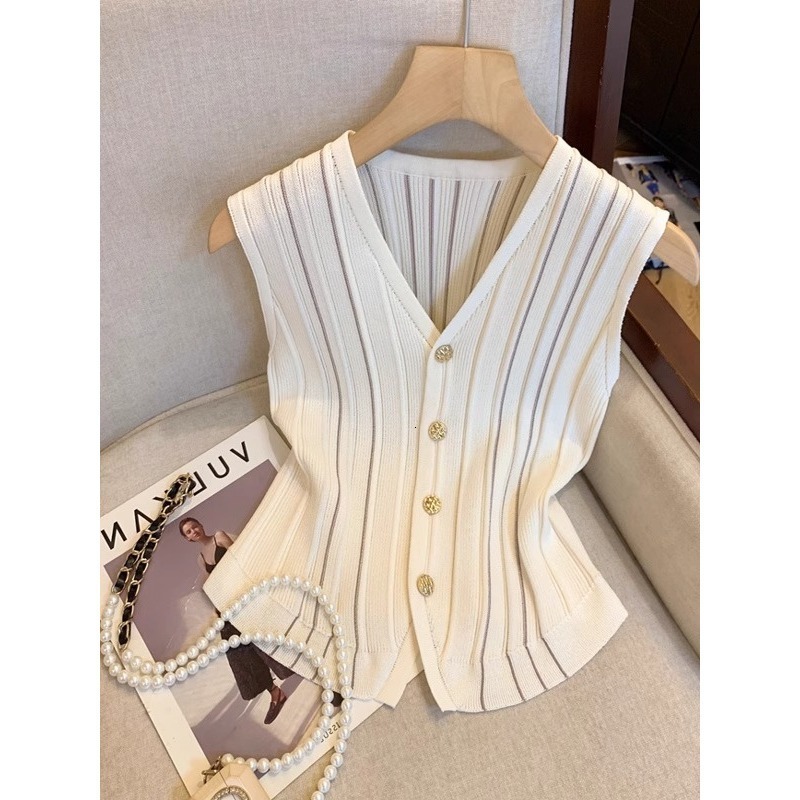 French-Style Contrast Color Striped V-Neck Knitted Vest For Women, New Summer Model, High-End Sleeveless Top A4531 Sleeveless Top Sexy Suspenders - view 1