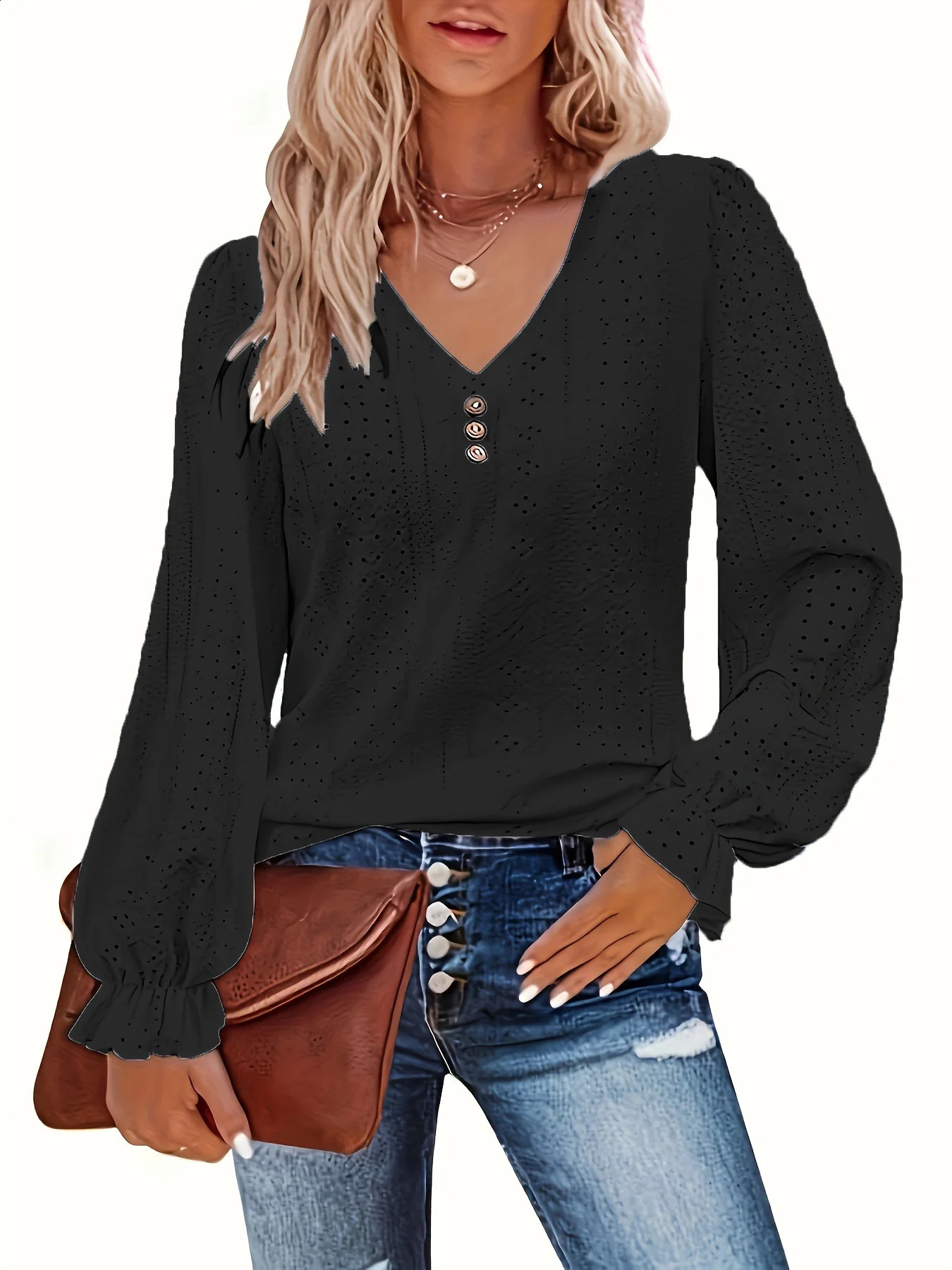 Plus Size Eyelet Button Decor T-Shirt Casual V Neck Long Sleeve Top For Spring Fall Womens Plus Size Clothing 260626 - view 6