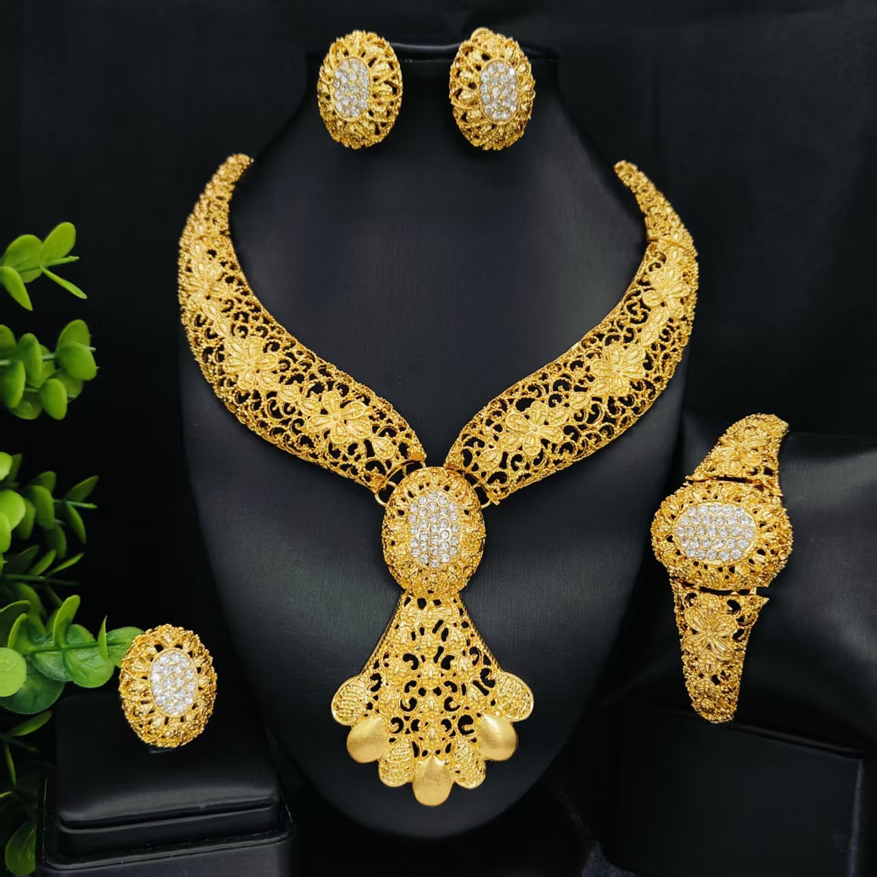 Luxury Dubai 24K Gold Color Two layer Necklace Jewelry Set For Women Bridal Nigerian Indian African Wedding Party Gift