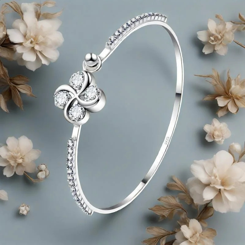 Exquisite 925 Sterling Silver Flower n Crystal Cubic Zircon Bangle Bracelets For Women Wedding Party Fashion Jewelry Gifts 260626