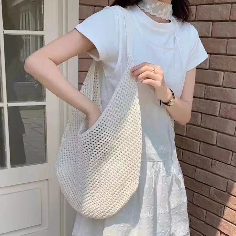Fashion Womens Hollow Woven Shoulder Bags Large Capacity Knitting Underarm Bag Solid Crochet Tote Handbag Summer Mesh Beach Bag 260626 - view 5