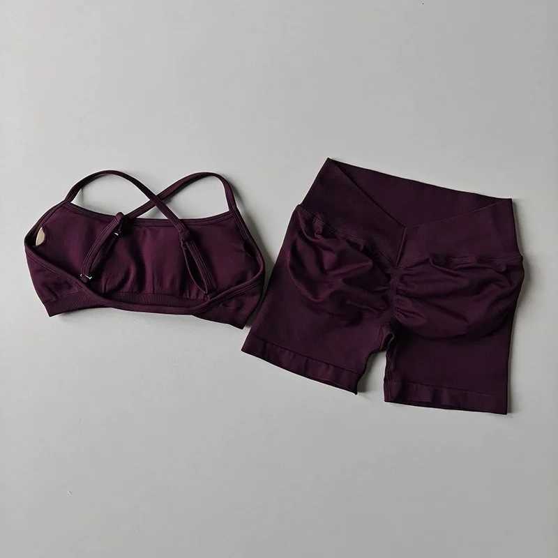 Set 2 Gym Pieces Yoga Women Seamless Strappy Yoga Bra High Waist Workout Scrunch Shorts Sports Set Fitness Clothes Sportswear M260626 - view 4