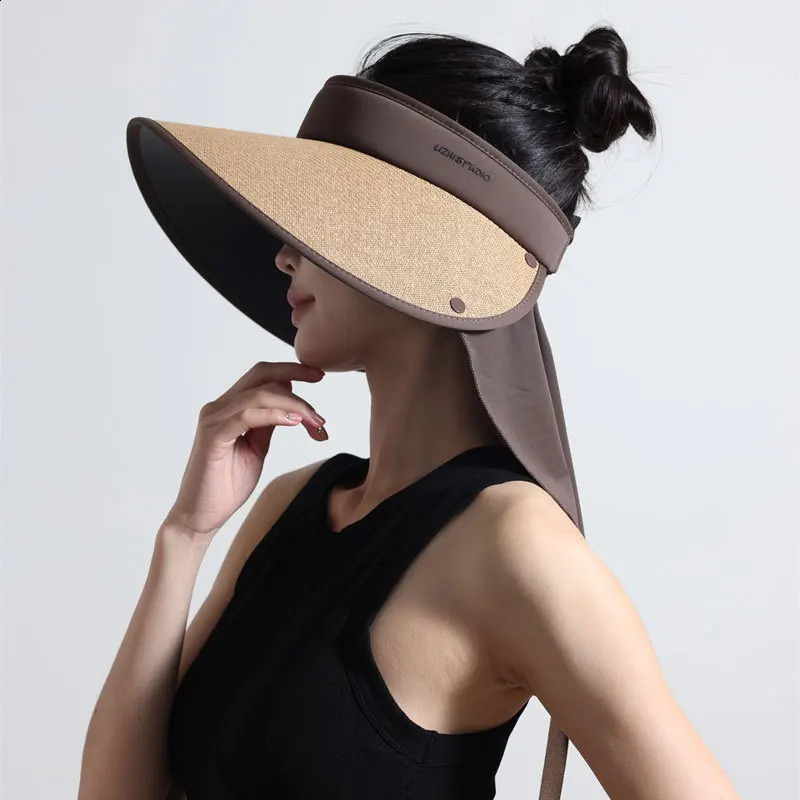 Wide Brim Straw Hat With Black Lining Visor Sun Hat With Neck Flap Uv Protection Summer Cap Hollow Top Sun Hat For Women 260625