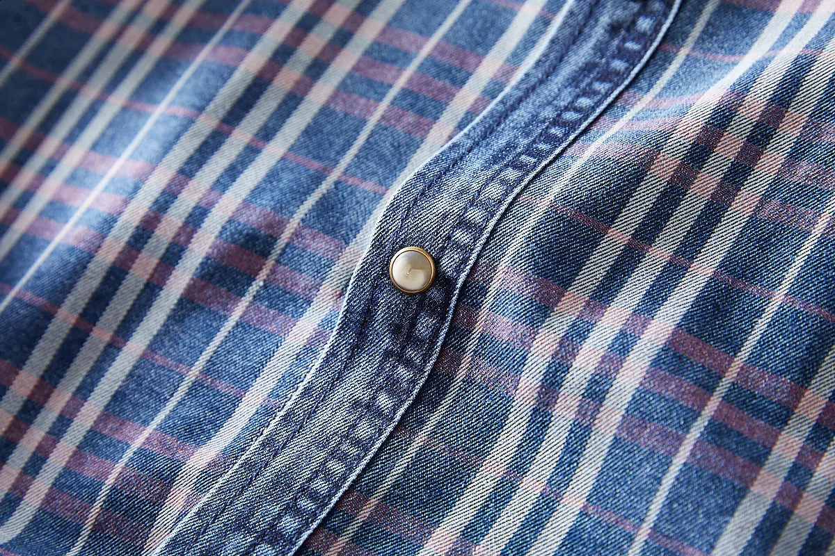SuperAen Retro Washed Denim Patchwork 2026 Spring Fashion Plaid Casual Long-sleeved Shirt Single Breasted Shirts 260626 - view 4
