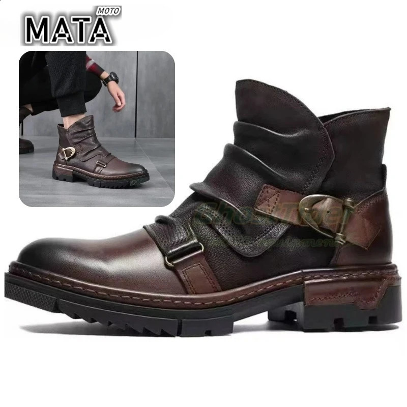 Retro Mens Motorcycle Leather Boots British Style Round Head High Top Shoes Casual Platform Moto Street Gear 260626 - view 6