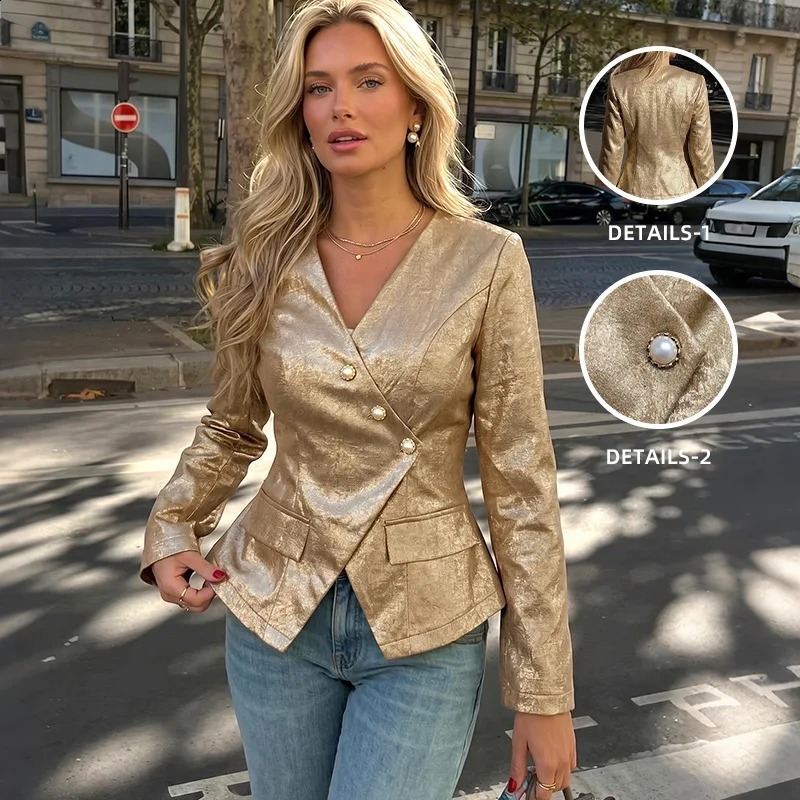 Womens Gold Wrap Blazer V Neck Pearl Button Long Sleeve Elegant Party Jacket 2026 260625