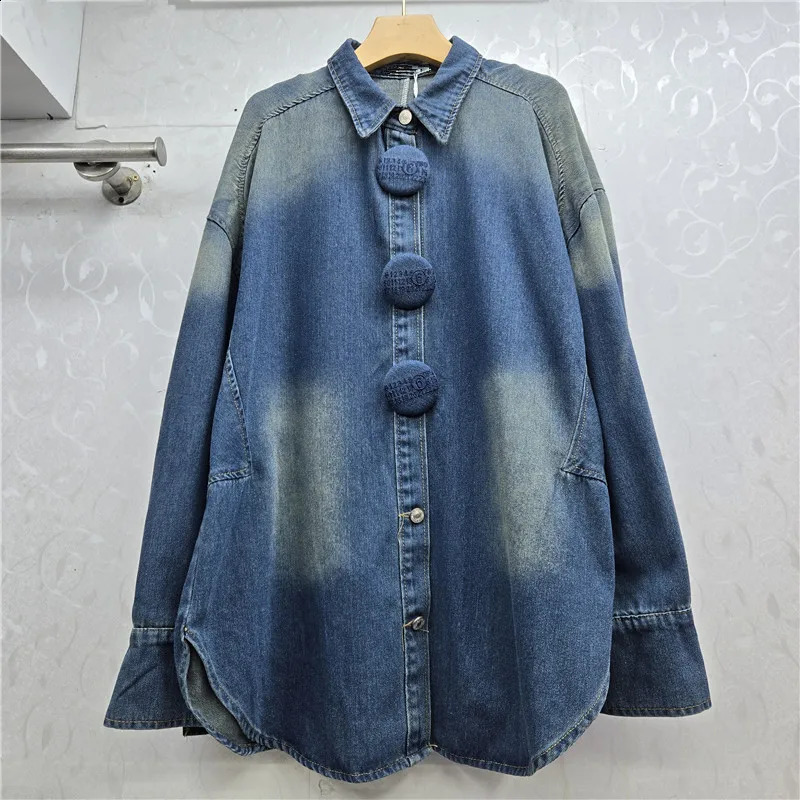 SuperAen European and American Autumn and Winter Polo Collar Long-sleeved Large-button n Contrast Color Loose Denim Shirts 260626