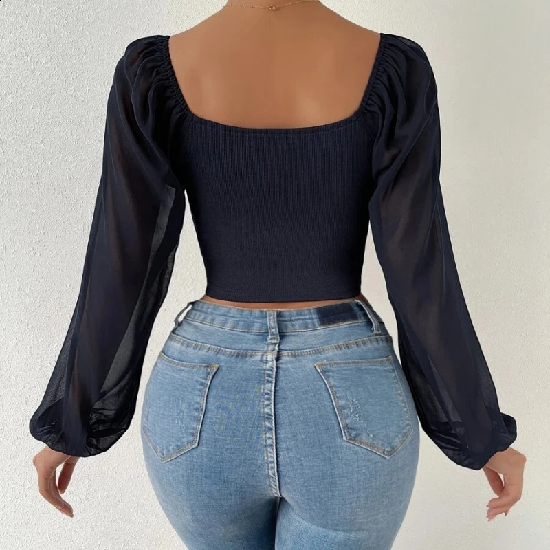 Womans Tops Puff Sleeve Sexy Close-Fitting Summer and Spring Lace up V-neck Fashion Solid Color Simple Long Sleeve 260626 - view 3