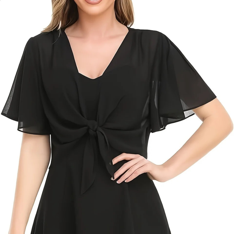 Europe and the United States womens blouse solid color short-sleeved cardigan thin chiffon cape tied and tied cape 260625 - view 5