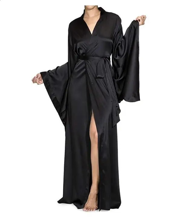 Solid Robes Women Black Red Long Sleeve Nightgown Ladies Girls Silk Satin Smooth Spring Lace Sleepwear Female Bathrobe260622 - view 3