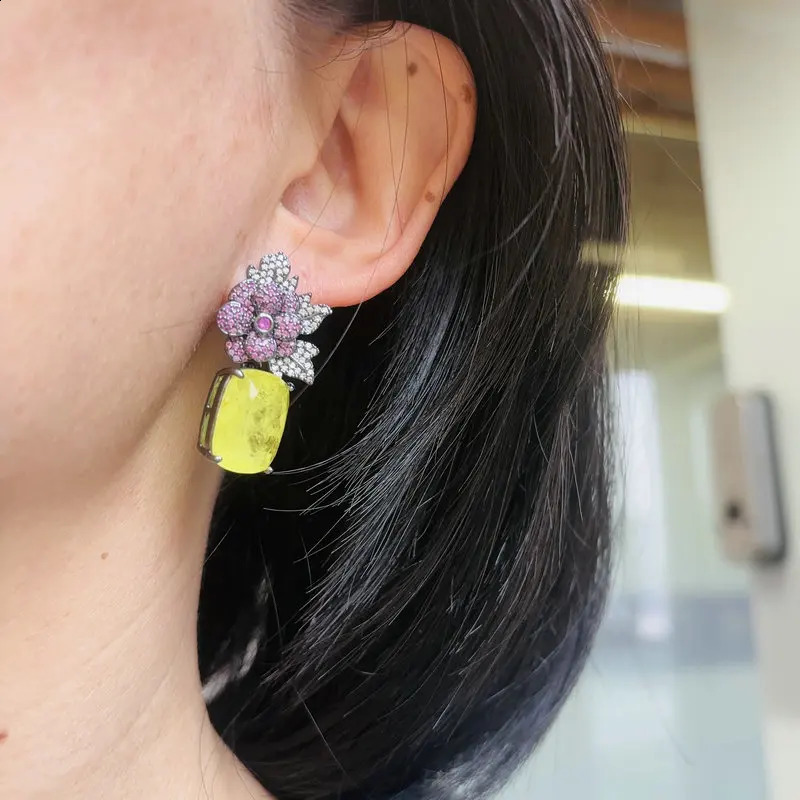 Bilincolor Red Flower and Yellow Cubic Zirconia Dangling Earring for Women 260625 - view 5